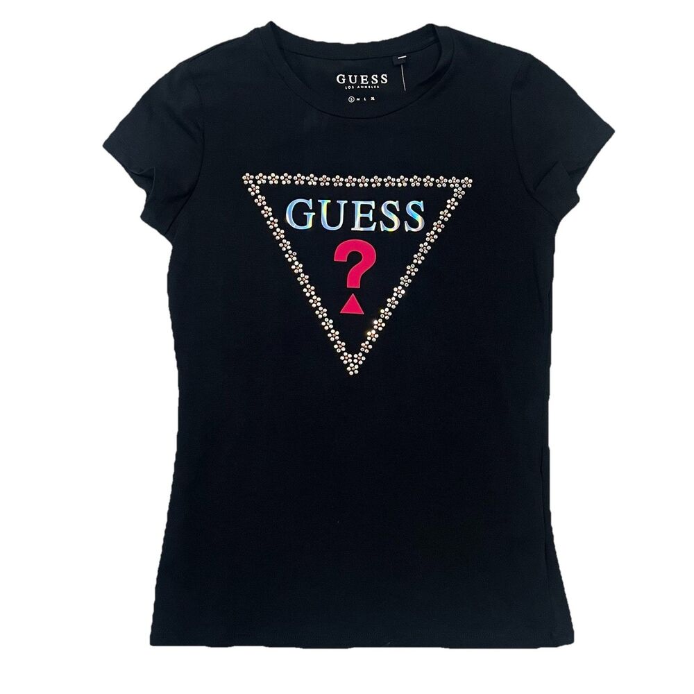 GUESS Black Logo Tee Rhinestone Triangle Crystal Short Sleeve Women’s Size S New